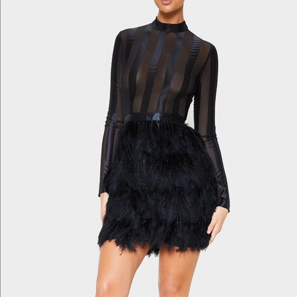 PRETTYLITTLETHING Black Feather Dress